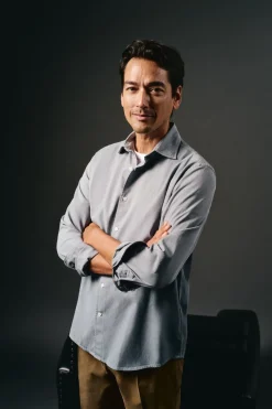 OOTO Camisas-Camisa liso de algodão tencel sarja Azul