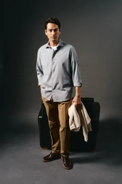 OOTO Camisas-Camisa liso de algodão tencel sarja Azul