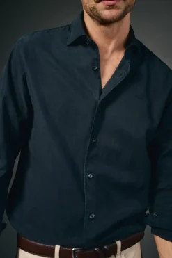 OOTO Camisas-Camisa liso de algodão tencel sarja Azul