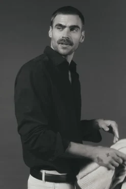 OOTO Camisas-Camisa liso de algodão tencel sarja Azul