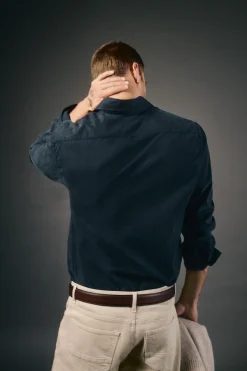 OOTO Camisas-Camisa liso de algodão tencel sarja Azul