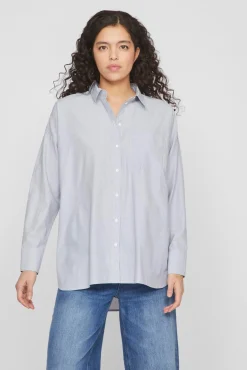 Vila Blusas-Camisa Oxford com bolso Azul