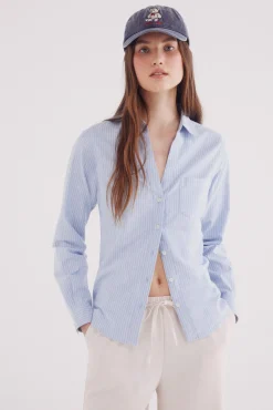 Springfield Blusas-Camisa Oxford com gola aberta azul