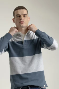 PuroEGO Polos-Camisa polo de rugby de algodão com listras Azul