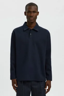 Selected Polos-Camisa polo jacquard de manga comprida , 100% algodão orgânico Azul