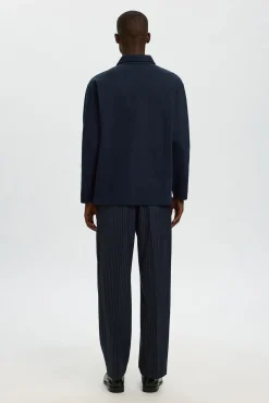 Selected Polos-Camisa polo jacquard de manga comprida , 100% algodão orgânico Azul