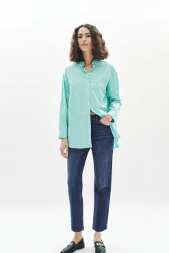Caroll Blusas-Camisa riscas 100% algodão Verde