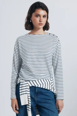 Springfield Blusas-Camisa riscas com botões e ombros à mostra estampado