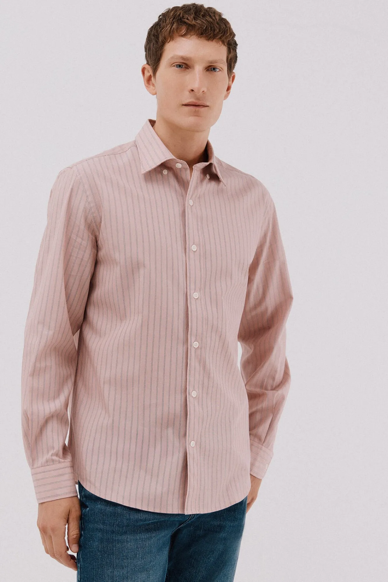 Cortefiel Camisas-Camisa riscas de algodão Tencel Subiu