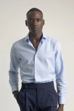 PuroEGO Camisas|Camisas Clássicas-Camisa social de sarja de corte regular fit Azul