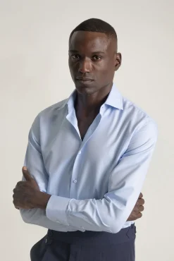 PuroEGO Camisas|Camisas Clássicas-Camisa social de sarja de corte regular fit Azul