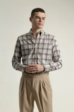 PuroEGO Camisas-Camisa xadrez de algodão slim fit Castanho