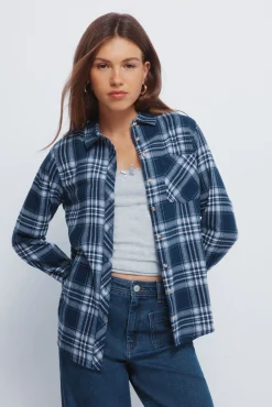 Springfield Blusas-Camisa xadrez lurex com bolso azul