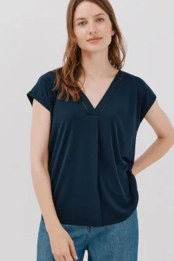 Cortefiel T-Shirts-Camiseta bico com detalhe de renda Azul