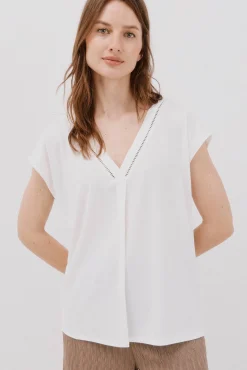 Cortefiel T-Shirts-Camiseta bico com detalhe de renda Branco