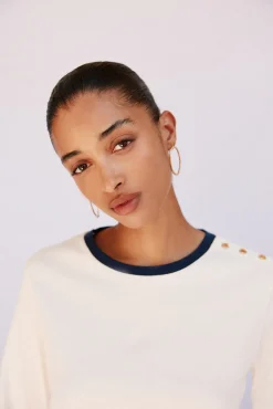 Cortefiel T-Shirts-Camiseta básica com botões dourados Ecru