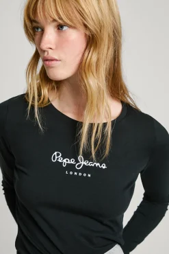 Pepe Jeans T-Shirts-Camiseta básica de manga comprida com logo frontal preto