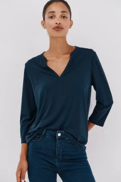 Cortefiel T-Shirts-Camiseta básica decote mandarim Azul