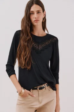 Cortefiel T-Shirts-Camiseta com detalhes em renda floral Preto