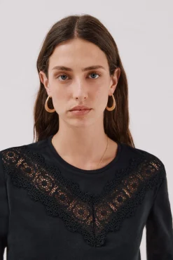 Cortefiel T-Shirts-Camiseta com detalhes em renda floral Preto