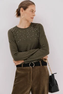 Cortefiel T-Shirts-Camiseta com detalhes em pérola e strass Verde