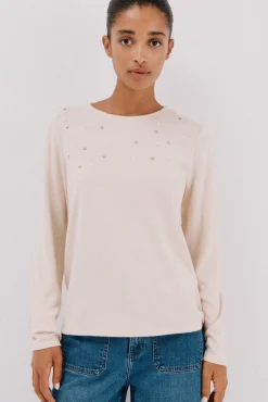 Cortefiel T-Shirts-Camiseta com detalhes em pérola e strass Ecru