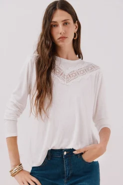 Cortefiel T-Shirts-Camiseta com detalhes em renda floral Branco