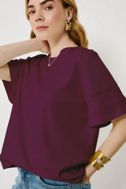 Vila T-Shirts-Camiseta de algodão orgânico com vazados Roxo