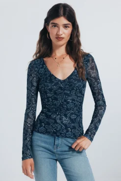 Springfield T-Shirts-Camiseta de chiffon com decote franzido estampado azul