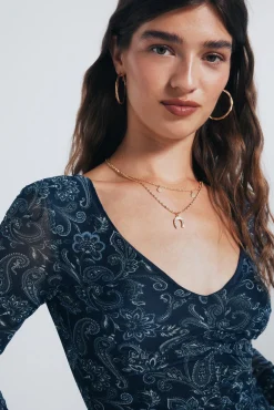 Springfield T-Shirts-Camiseta de chiffon com decote franzido estampado azul