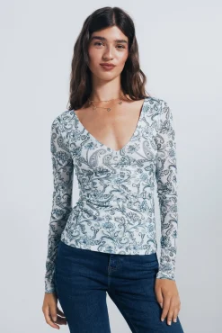 Springfield T-Shirts-Camiseta de chiffon com decote franzido estampado branco