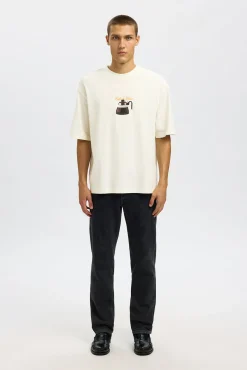 Selected T-Shirts-Camiseta de manga curta com estampa 100% algodão orgânico Branco