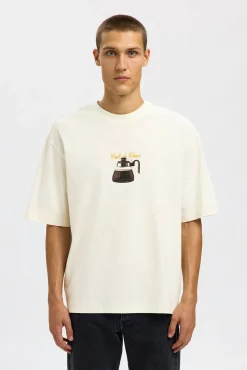 Selected T-Shirts-Camiseta de manga curta com estampa 100% algodão orgânico Branco