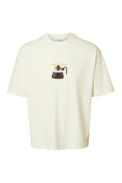 Selected T-Shirts-Camiseta de manga curta com estampa 100% algodão orgânico Branco