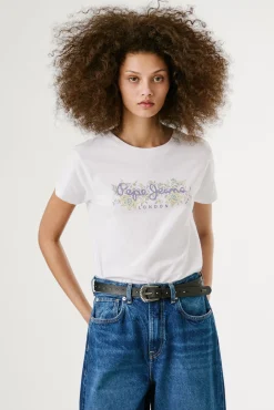 Pepe Jeans T-Shirts-Camiseta de manga curta com logo floral na frente branco