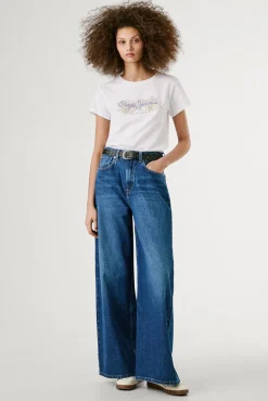 Pepe Jeans T-Shirts-Camiseta de manga curta com logo floral na frente branco