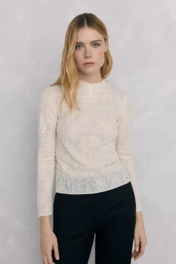 Pedro del Hierro T-Shirts-Camiseta Devoré com franzidos Ecru