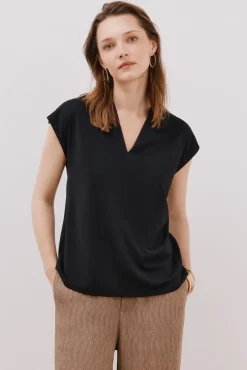 Cortefiel T-Shirts-Camiseta estampada com decote em bico franzido Preto