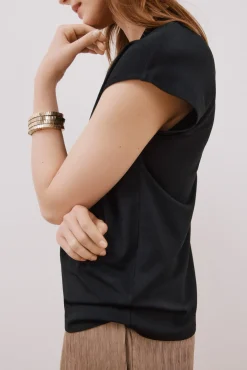 Cortefiel T-Shirts-Camiseta estampada com decote em bico franzido Preto