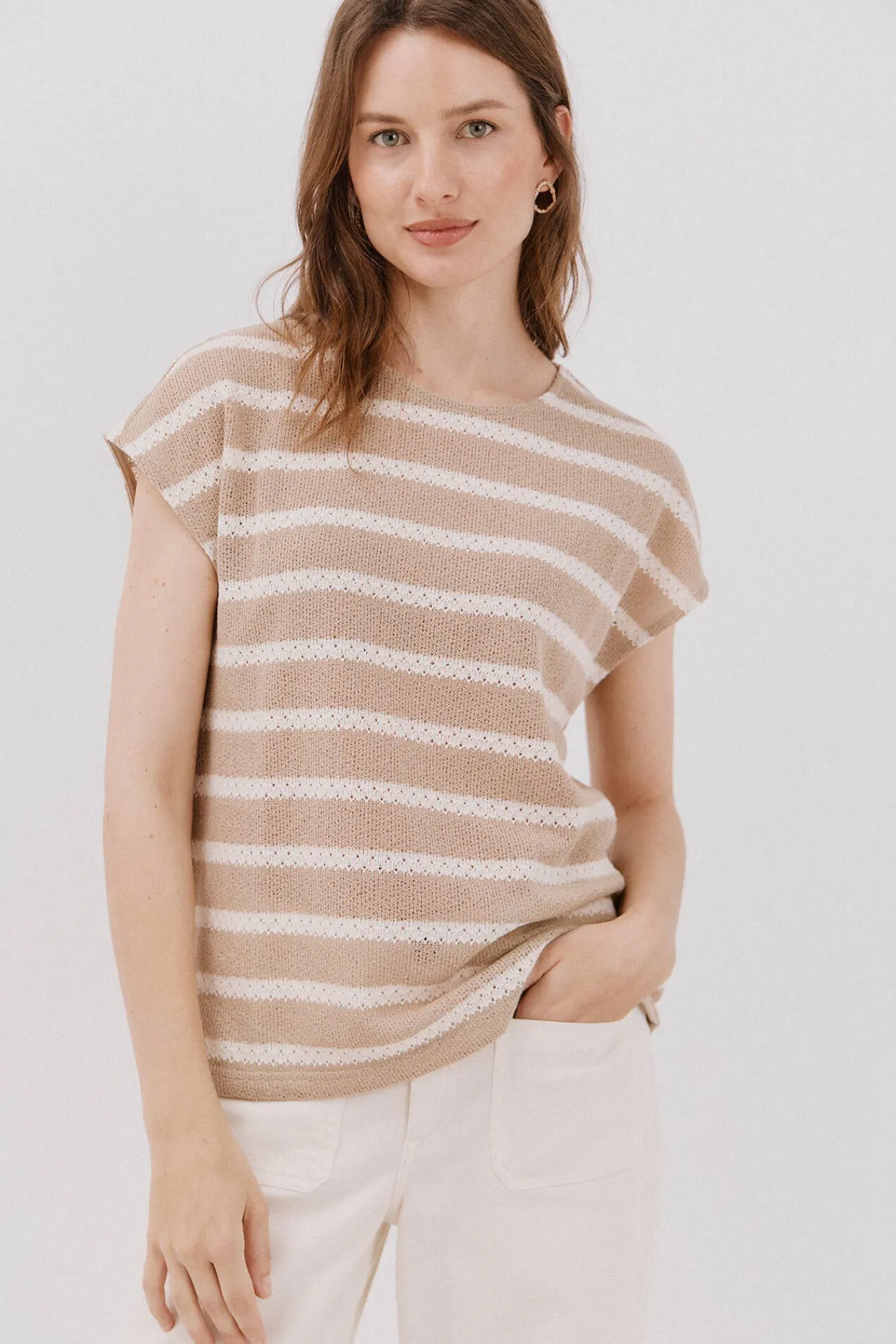 Cortefiel T-Shirts-Camiseta estruturada riscas Ecru