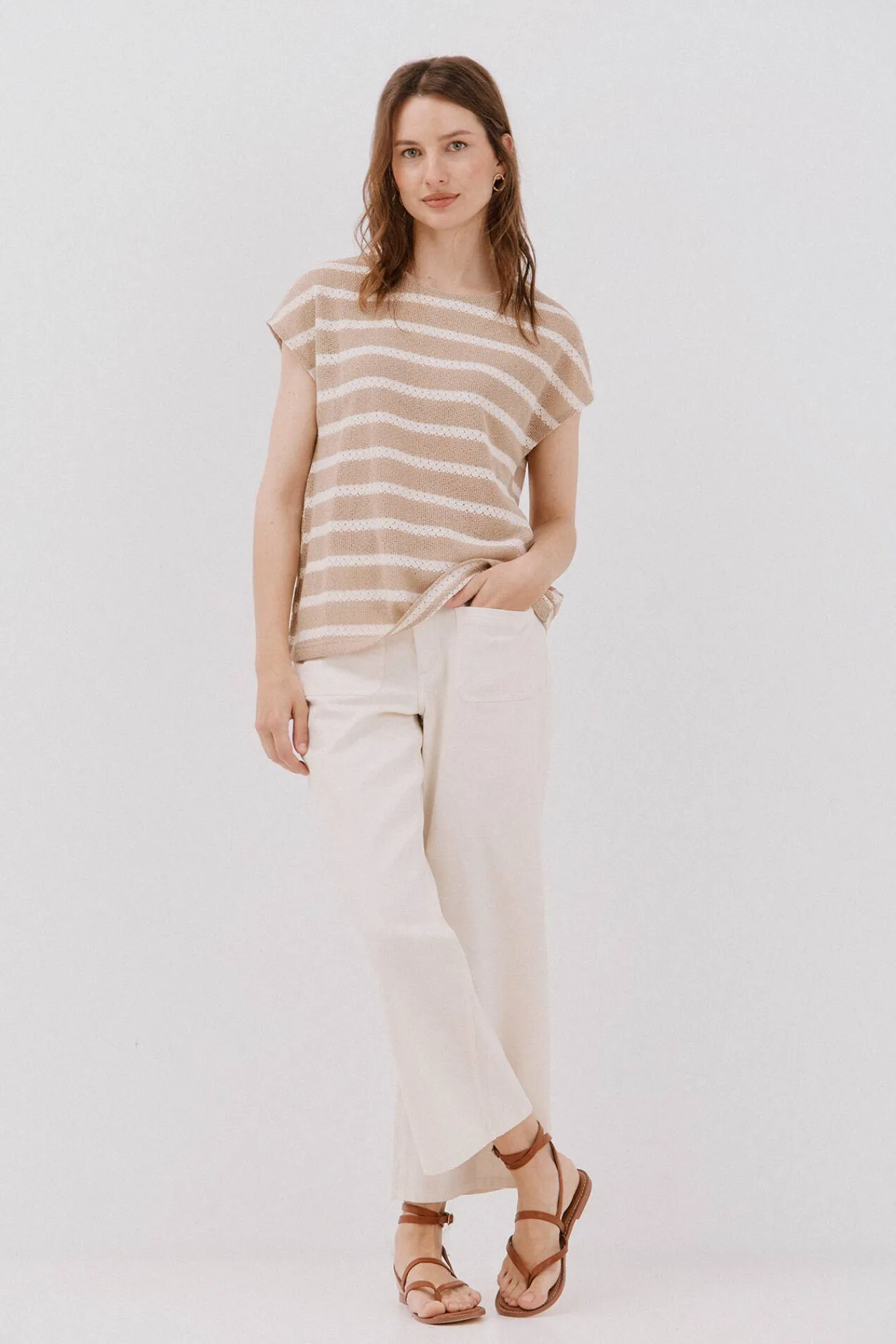 Cortefiel T-Shirts-Camiseta estruturada riscas Ecru