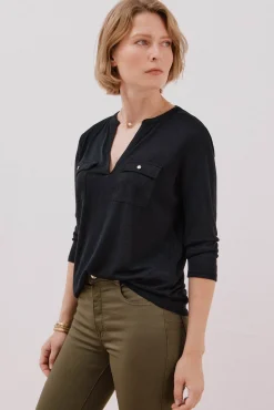 Cortefiel T-Shirts-Camiseta gola mao com efeito linho Preto