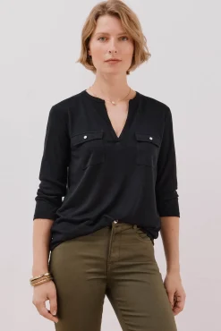 Cortefiel T-Shirts-Camiseta gola mao com efeito linho Preto