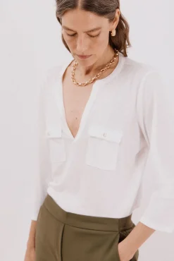 Cortefiel T-Shirts-Camiseta gola mao com efeito linho Branco