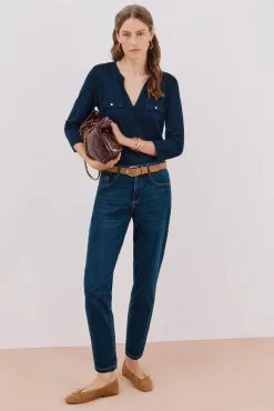 Cortefiel T-Shirts-Camiseta gola mao com efeito linho Azul