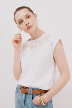 Cortefiel T-Shirts-Camiseta mangas estampada e bordada Branco