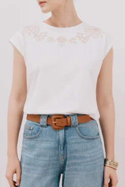 Cortefiel T-Shirts-Camiseta mangas estampada e bordada Branco