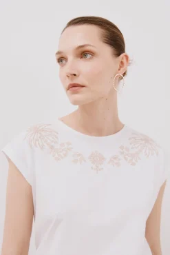 Cortefiel T-Shirts-Camiseta mangas estampada e bordada Branco