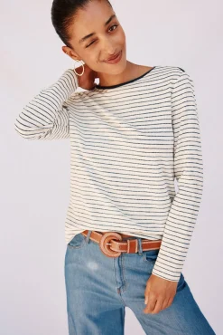 Cortefiel T-Shirts-Camiseta riscas com gola canoa Azul