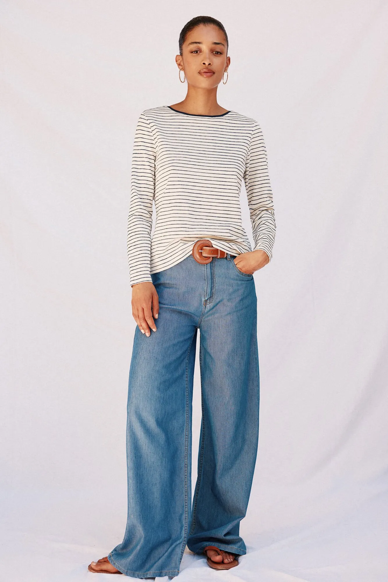 Cortefiel T-Shirts-Camiseta riscas com gola canoa Azul